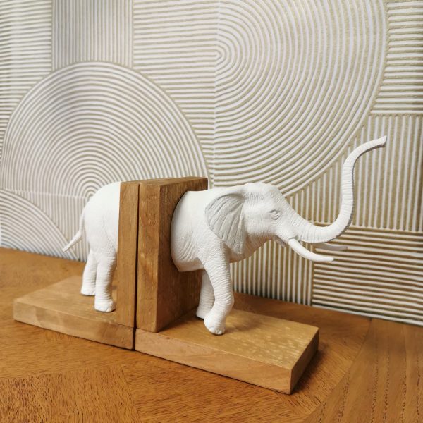 Serre-livres | Collection « Animaux » ~ Eléphant blanc sur support bois